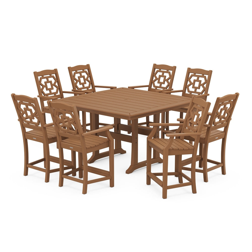 Chinoiserie 9-Piece Square Counter Set with Trestle Legs - Teak