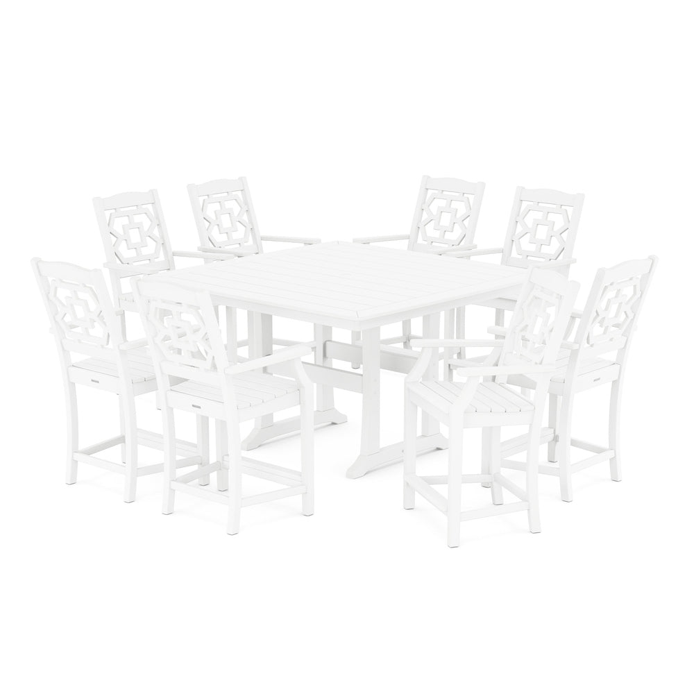 Chinoiserie 9-Piece Square Counter Set with Trestle Legs - White