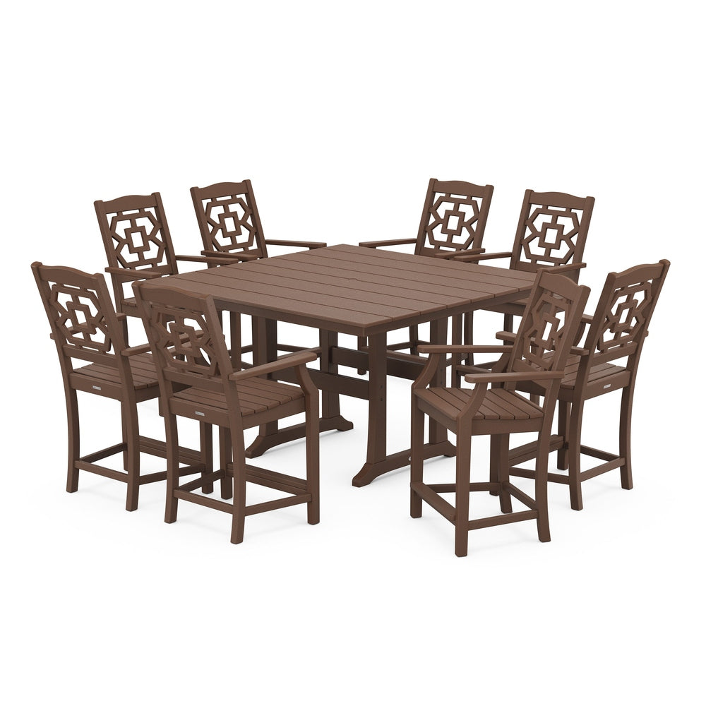 Chinoiserie 9-Piece Square Farmhouse Counter Set with Trestle Legs - Mahogany
