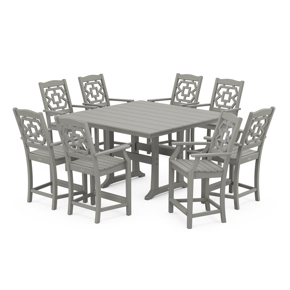 Chinoiserie 9-Piece Square Farmhouse Counter Set with Trestle Legs - Slate Grey