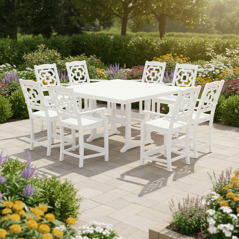 POLYWOOD® Chinoiserie 9-Piece Square Farmhouse Counter Set with Trestle Legs - PWS1597-1