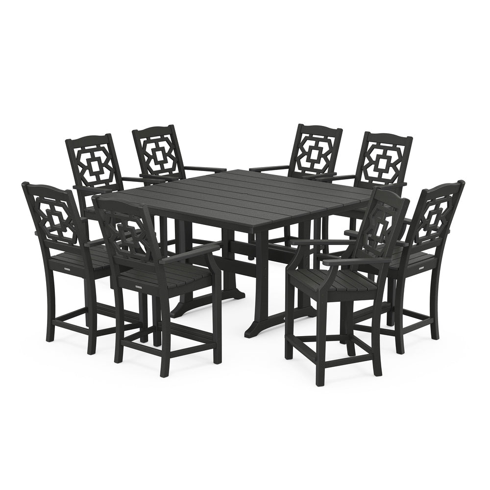 Chinoiserie 9-Piece Square Farmhouse Counter Set with Trestle Legs - Black