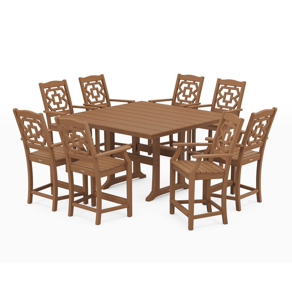 Chinoiserie 9-Piece Square Farmhouse Counter Set with Trestle Legs - Teak