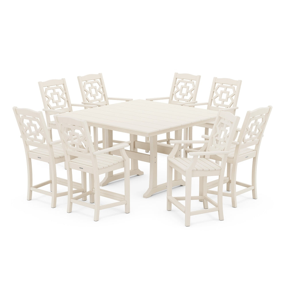 Chinoiserie 9-Piece Square Farmhouse Counter Set with Trestle Legs - Sand
