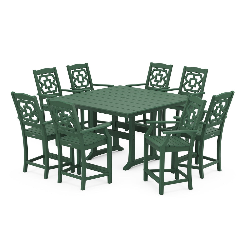 Chinoiserie 9-Piece Square Farmhouse Counter Set with Trestle Legs - Green