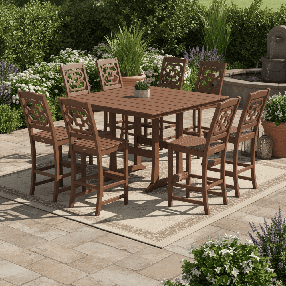 POLYWOOD® Chinoiserie 9-Piece Square Farmhouse Side Chair Bar Set with Trestle Legs - PWS1625-1 Dining Set POLYWOOD®