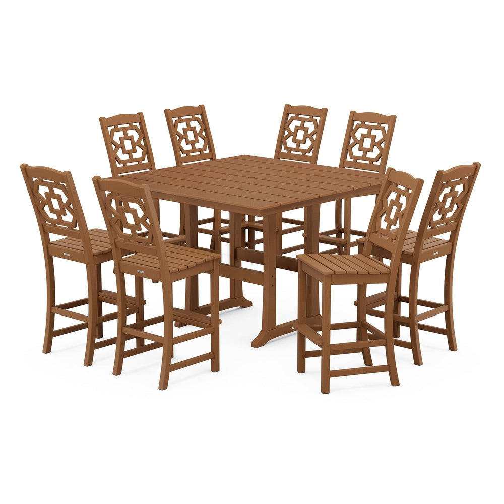 POLYWOOD® Chinoiserie 9-Piece Square Farmhouse Side Chair Bar Set with Trestle Legs - PWS1625-1 Dining Set POLYWOOD®