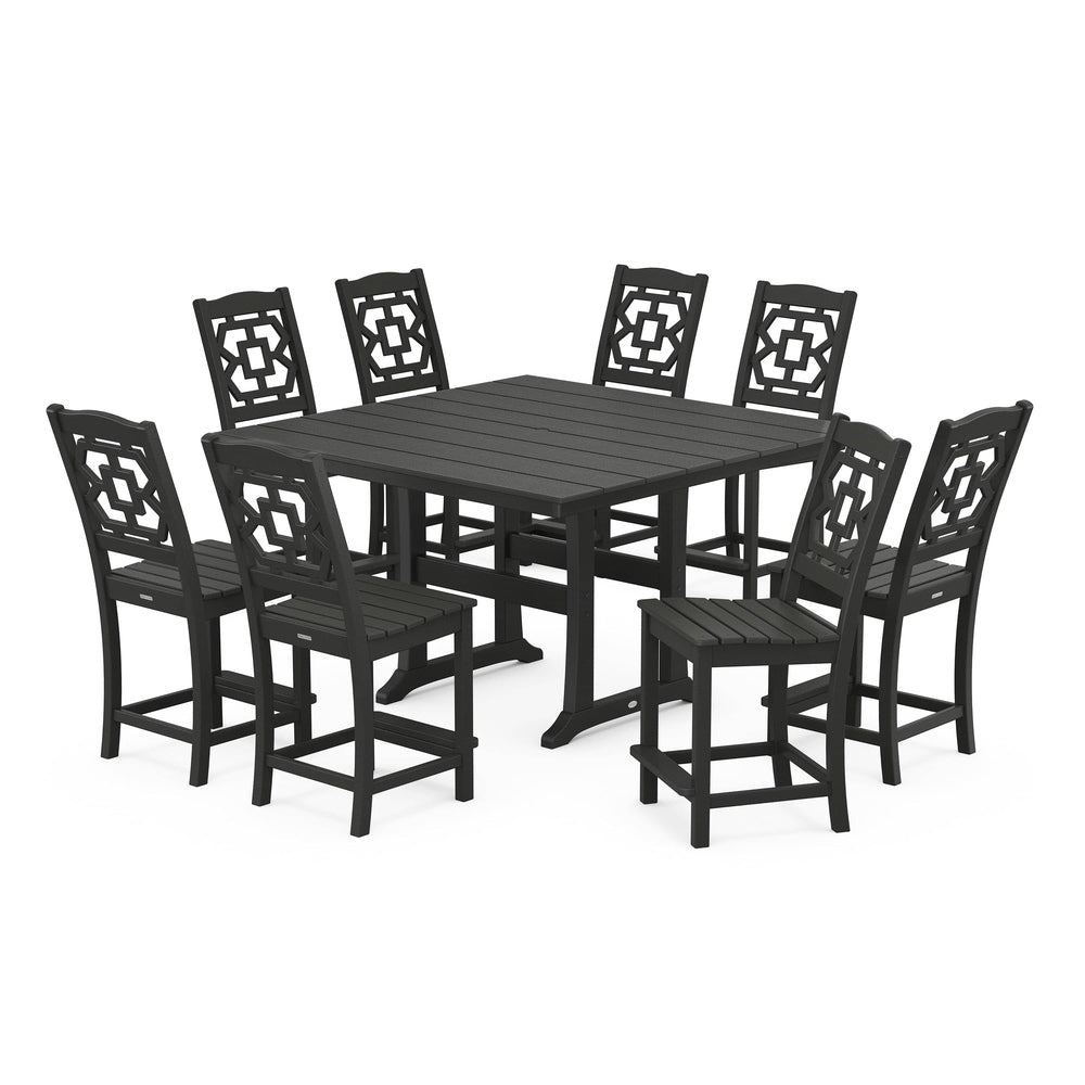 POLYWOOD® Chinoiserie 9-Piece Square Farmhouse Side Chair Counter Set with Trestle Legs - PWS1623-1 Dining Set POLYWOOD®