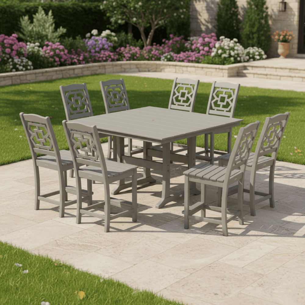 POLYWOOD® Chinoiserie 9-Piece Square Farmhouse Side Chair Counter Set with Trestle Legs - PWS1623-1 Dining Set POLYWOOD®