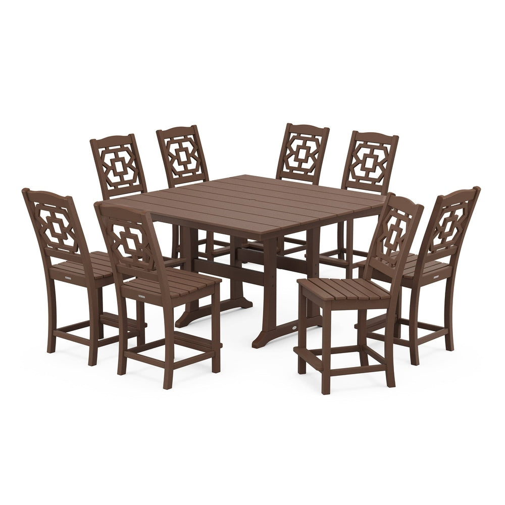 POLYWOOD® Chinoiserie 9-Piece Square Farmhouse Side Chair Counter Set with Trestle Legs - PWS1623-1 Dining Set POLYWOOD®