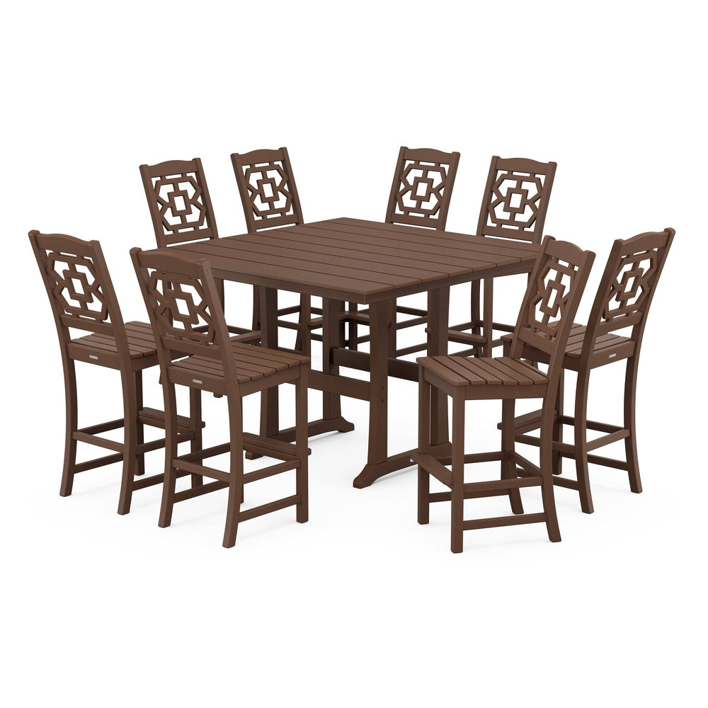 POLYWOOD® Chinoiserie 9-Piece Square Farmhouse Side Chair Bar Set with Trestle Legs - PWS1625-1 Dining Set POLYWOOD®