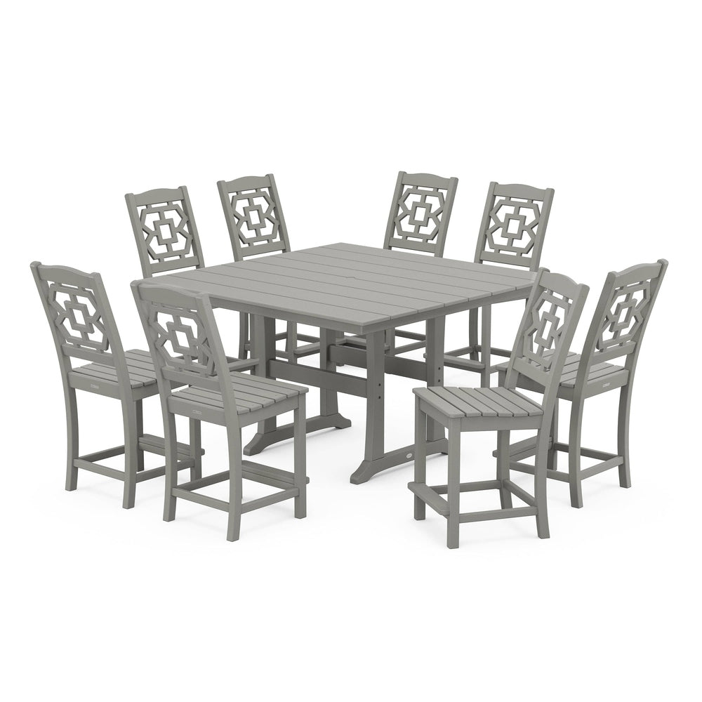 POLYWOOD® Chinoiserie 9-Piece Square Farmhouse Side Chair Counter Set with Trestle Legs - PWS1623-1 Dining Set POLYWOOD®