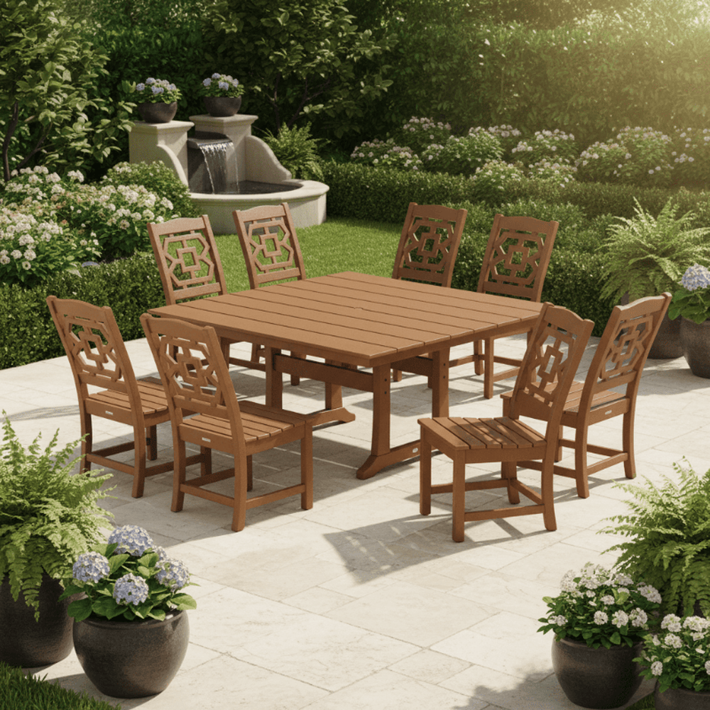 POLYWOOD® Chinoiserie 9-Piece Square Farmhouse Side Chair Dining Set with Trestle Legs - PWS1620-1 Dining Set POLYWOOD®