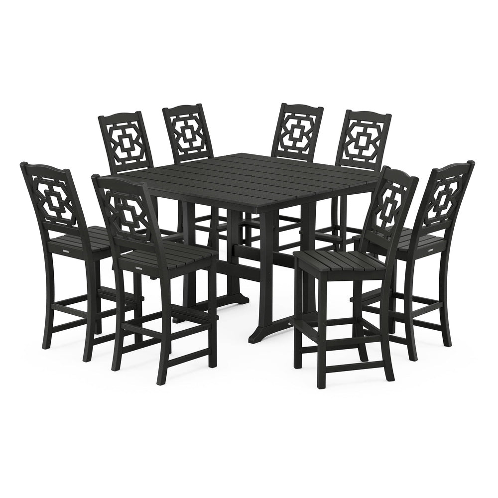 POLYWOOD® Chinoiserie 9-Piece Square Farmhouse Side Chair Bar Set with Trestle Legs - PWS1625-1 Dining Set POLYWOOD®
