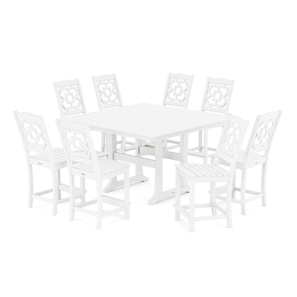 POLYWOOD® Chinoiserie 9-Piece Square Farmhouse Side Chair Counter Set with Trestle Legs - PWS1623-1 Dining Set POLYWOOD®