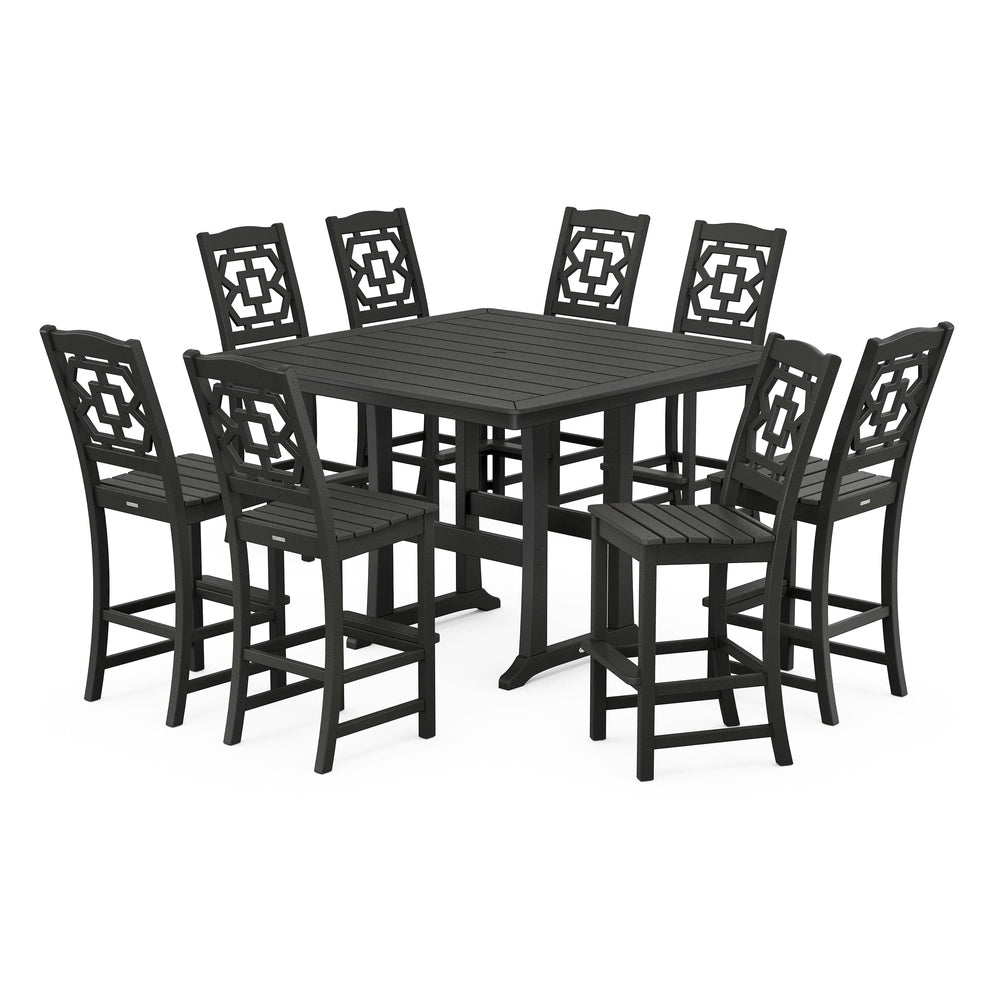 POLYWOOD® Chinoiserie 9-Piece Square Side Chair Bar Set with Trestle Legs - PWS1626-1 Dining Set POLYWOOD®