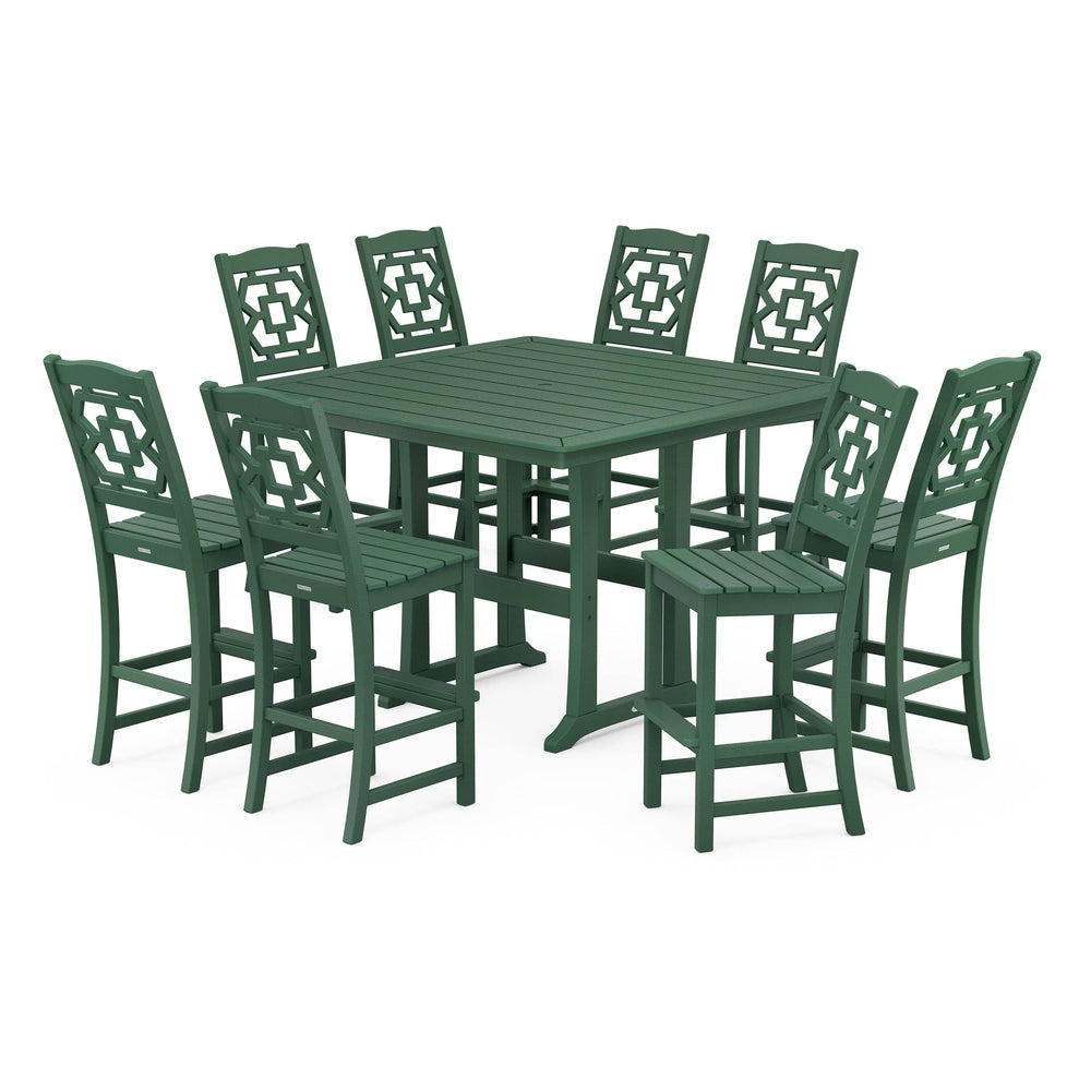 POLYWOOD® Chinoiserie 9-Piece Square Side Chair Bar Set with Trestle Legs - PWS1626-1 Dining Set POLYWOOD®