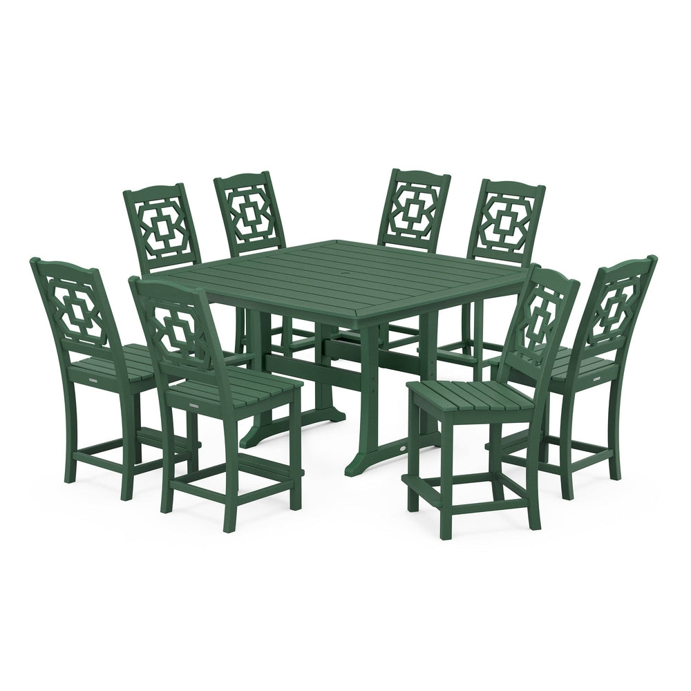 POLYWOOD® Chinoiserie 9-Piece Square Side Chair Counter Set with Trestle Legs - PWS1624-1 Dining Set POLYWOOD®