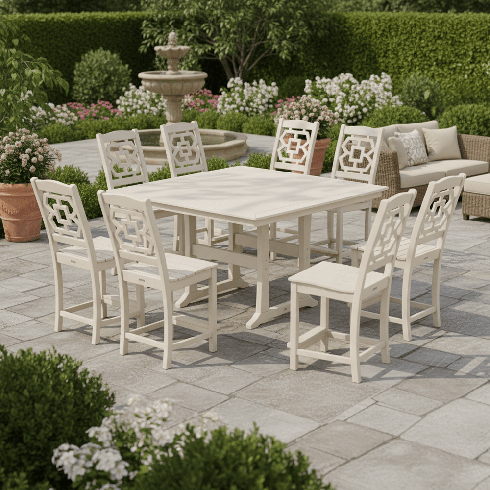 POLYWOOD® Chinoiserie 9-Piece Square Side Chair Counter Set with Trestle Legs - PWS1624-1 Dining Set POLYWOOD®
