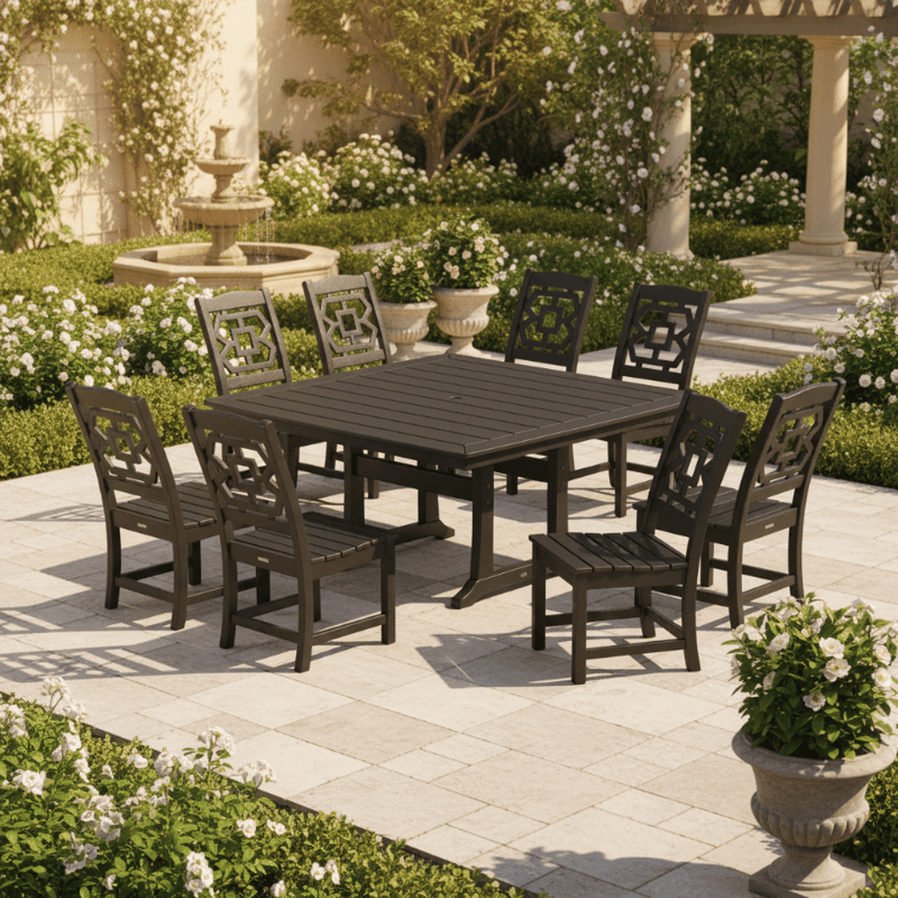 POLYWOOD® Chinoiserie 9-Piece Square Side Chair Dining Set with Trestle Legs - PWS1621-1 Dining Set POLYWOOD®