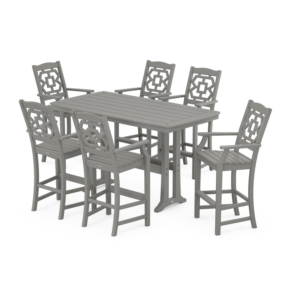 Chinoiserie Arm Chair 7-Piece Bar Set with Trestle Legs - Slate Grey