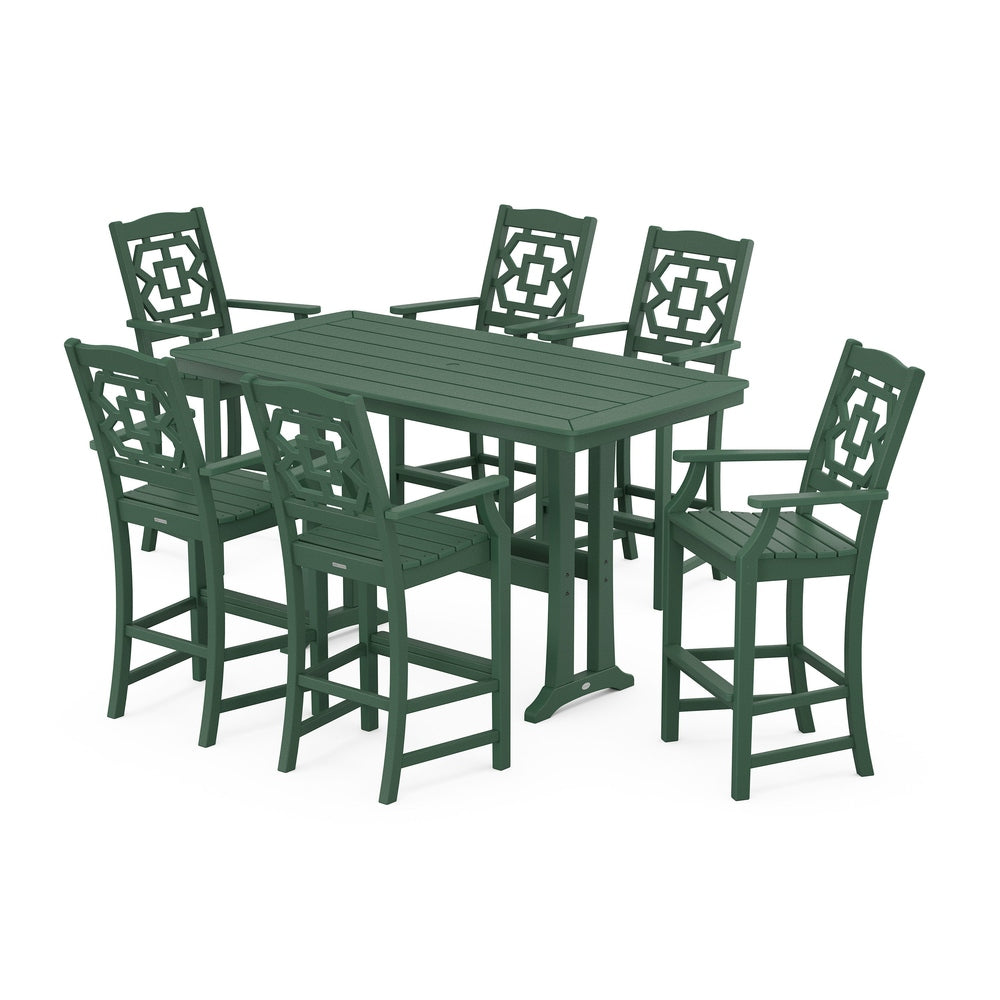Chinoiserie Arm Chair 7-Piece Bar Set with Trestle Legs - Green