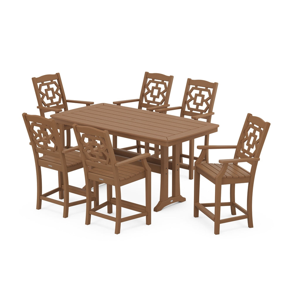 Chinoiserie Arm Chair 7-Piece Counter Set with Trestle Legs - Teak