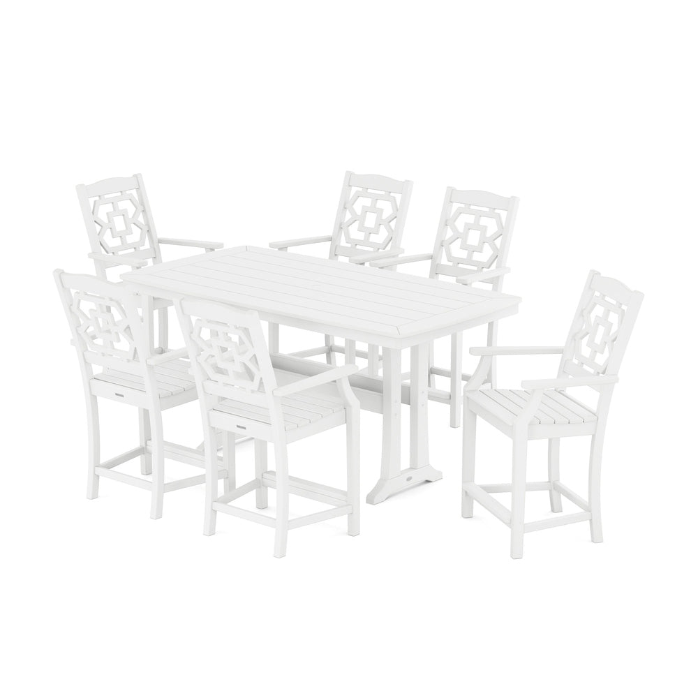 Chinoiserie Arm Chair 7-Piece Counter Set with Trestle Legs - White