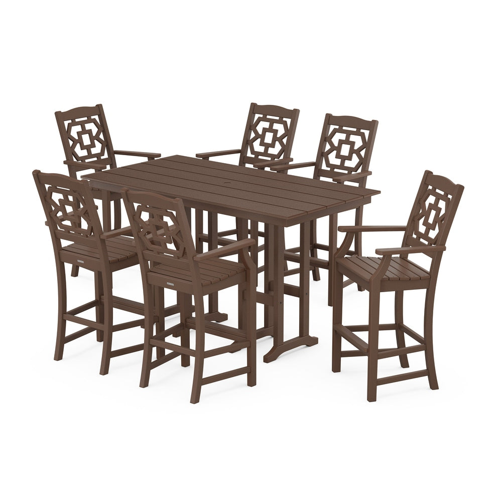 Chinoiserie Arm Chair 7-Piece Farmhouse Bar Set - Mahogany