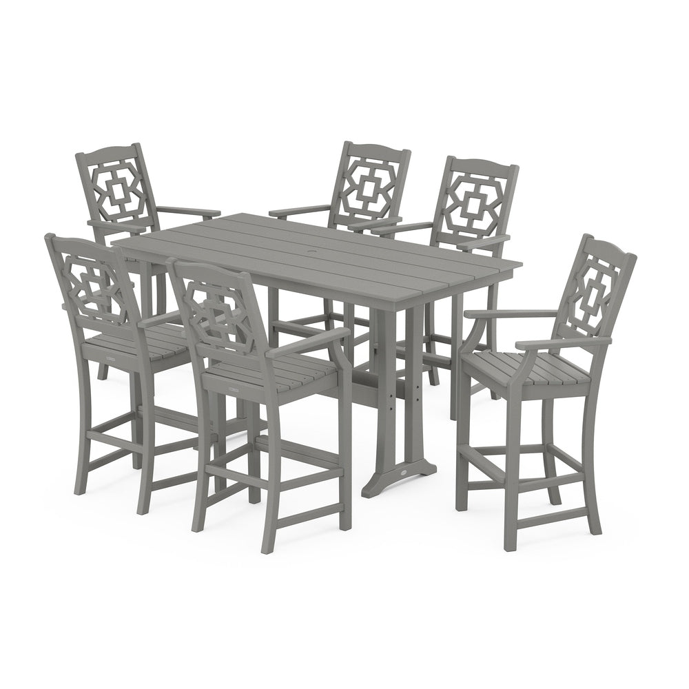 POLYWOOD® Chinoiserie Arm Chair 7-Piece Farmhouse Bar Set with Trestle Legs - PWS1607-1