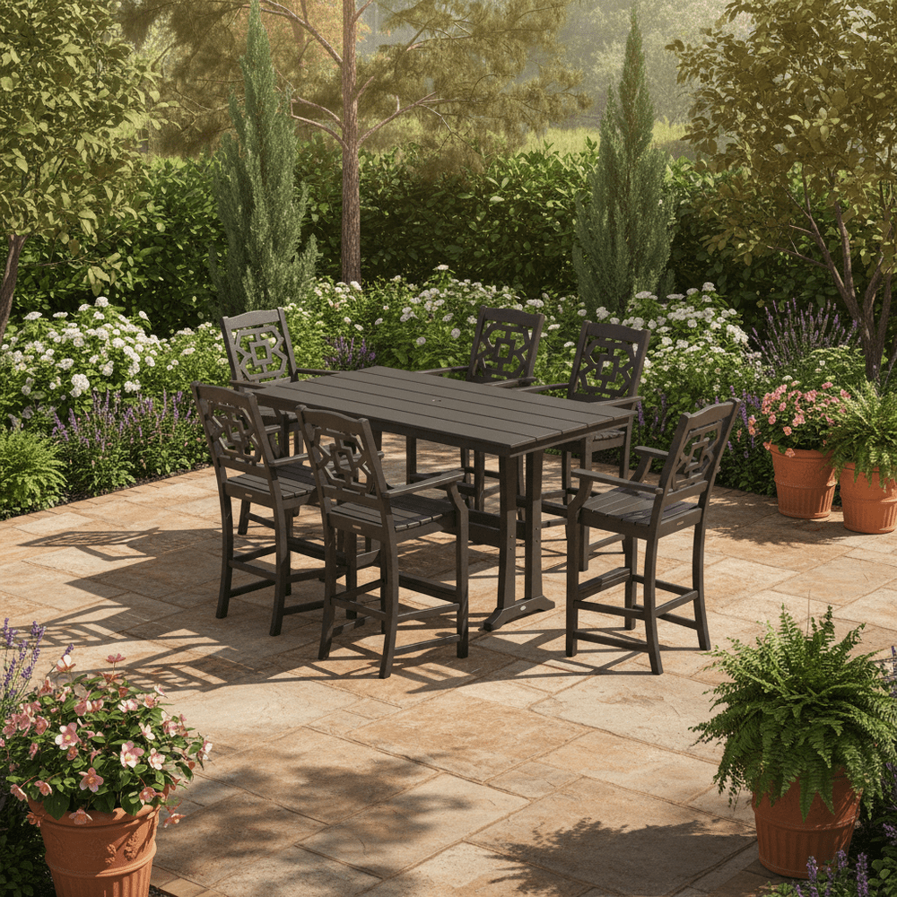 POLYWOOD® Chinoiserie Arm Chair 7-Piece Farmhouse Bar Set with Trestle Legs - PWS1607-1