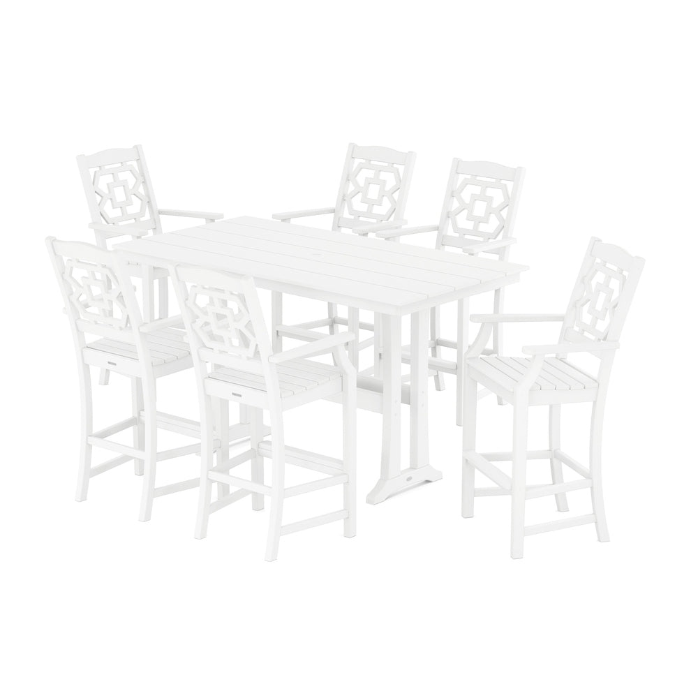 Chinoiserie Arm Chair 7-Piece Farmhouse Bar Set with Trestle Legs - White