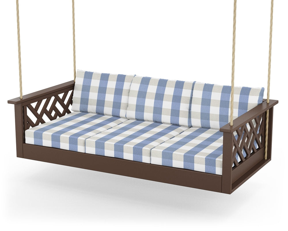 Chippendale Daybed Swing - Mahogany / Buffalo Plaid Sky Blue