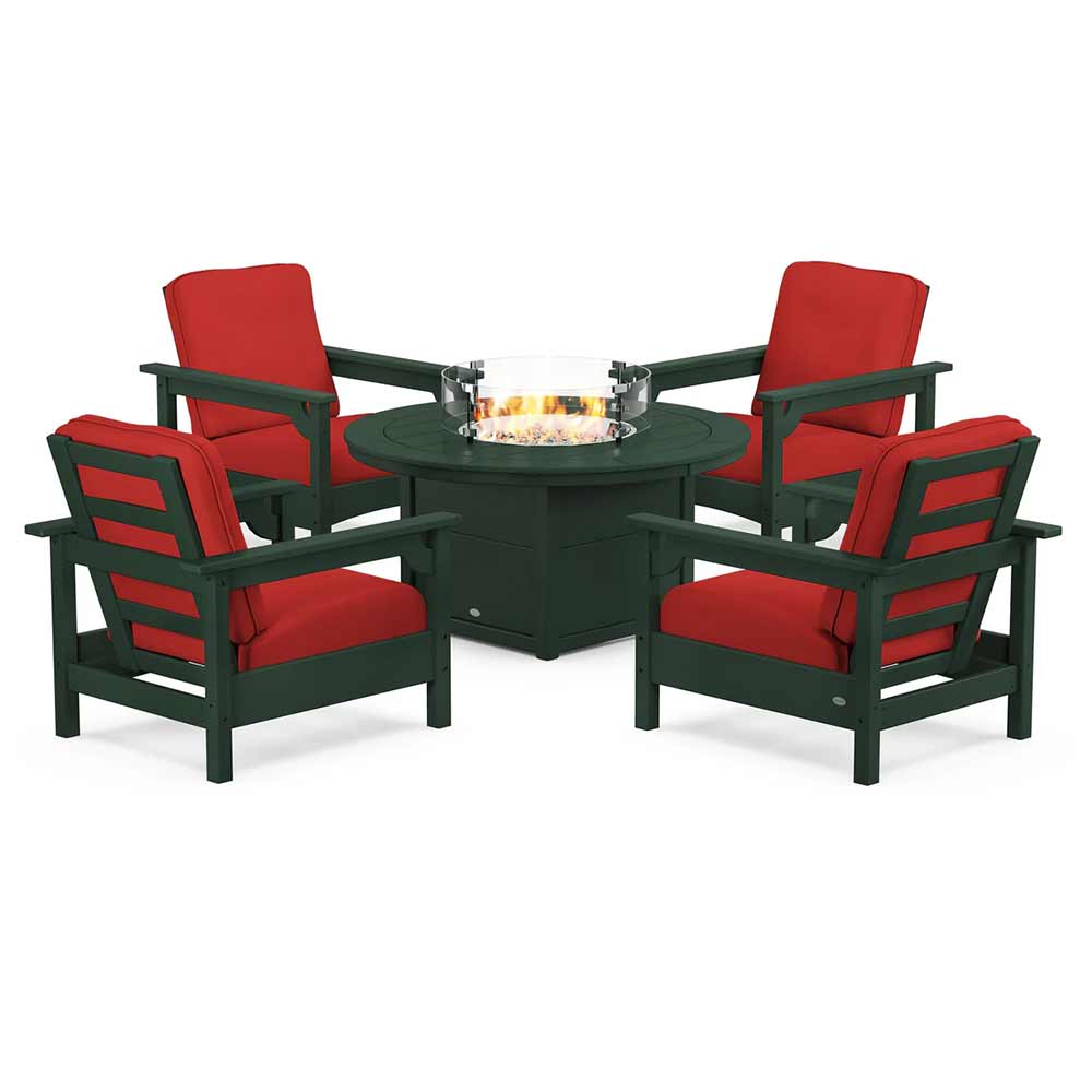 POLYWOOD® Fire Table Green / Crimson Linen POLYWOOD® - Club 5-Piece Conversation Set with Fire Pit Table - PWS416