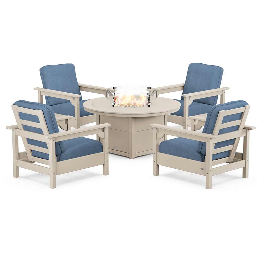POLYWOOD® Fire Table Sand / Sky Blue POLYWOOD® - Club 5-Piece Conversation Set with Fire Pit Table - PWS416