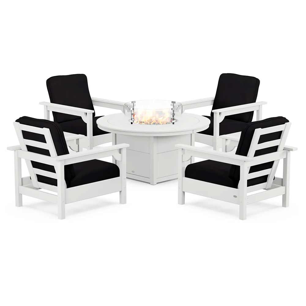 POLYWOOD® Fire Table White / Midnight Linen POLYWOOD® - Club 5-Piece Conversation Set with Fire Pit Table - PWS416