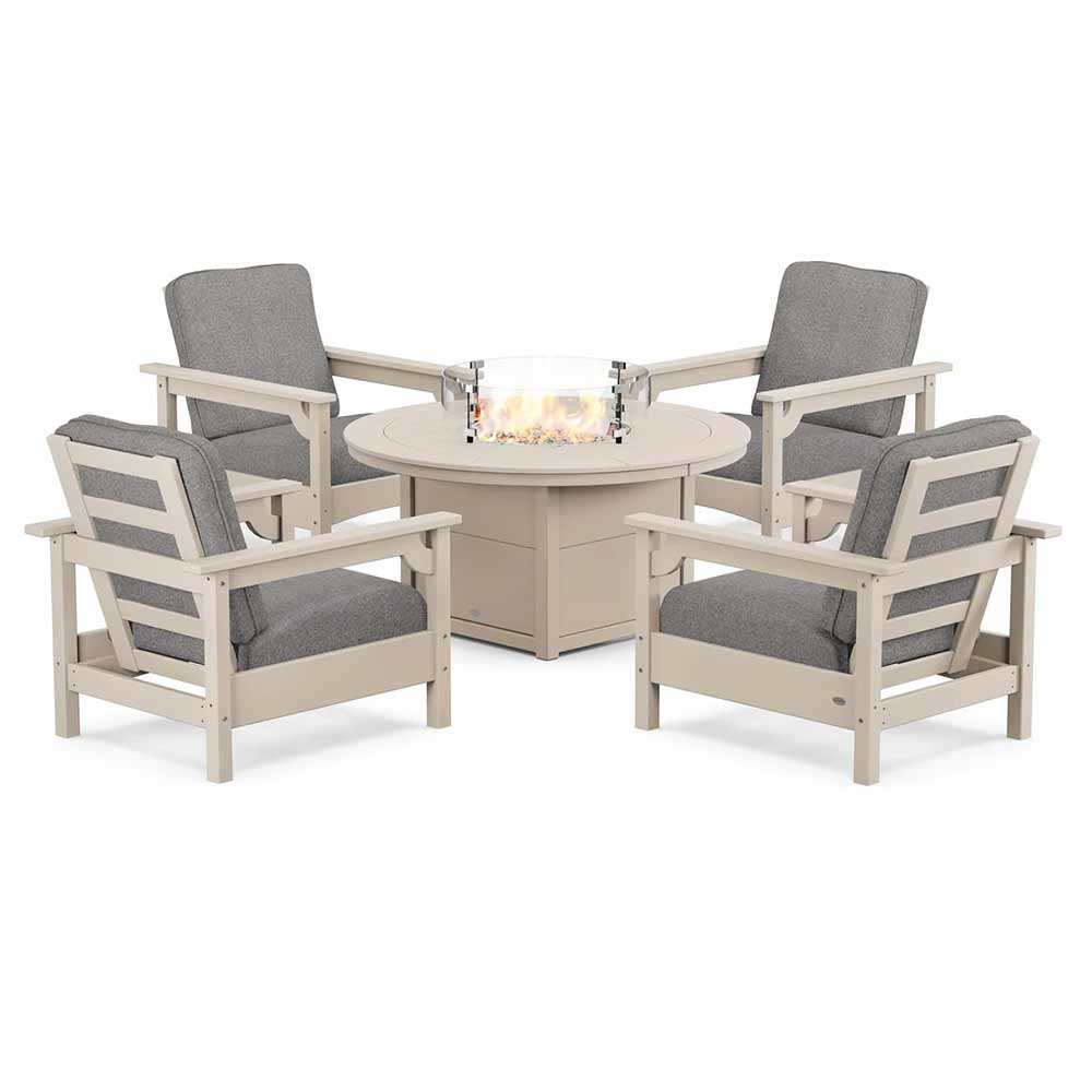 POLYWOOD® Fire Table Sand / Grey Mist POLYWOOD® - Club 5-Piece Conversation Set with Fire Pit Table - PWS416
