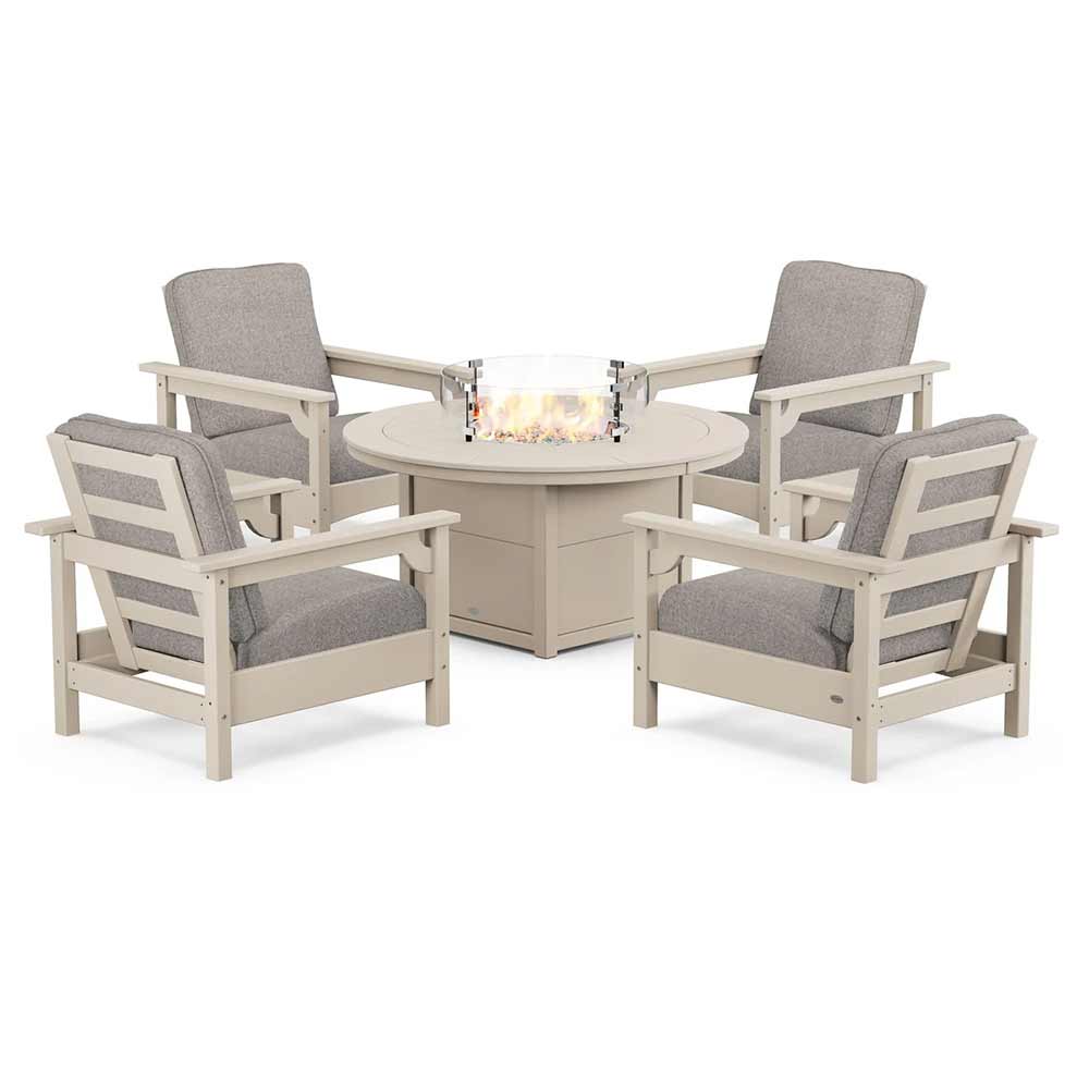 POLYWOOD® Fire Table Sand / Weathered Tweed POLYWOOD® - Club 5-Piece Conversation Set with Fire Pit Table - PWS416