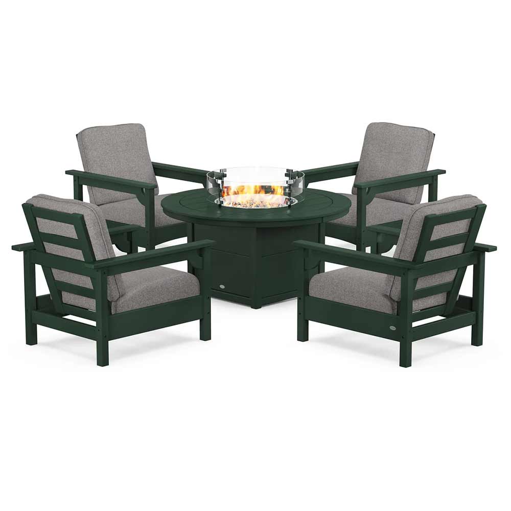 POLYWOOD® Fire Table Green / Grey Mist POLYWOOD® - Club 5-Piece Conversation Set with Fire Pit Table - PWS416
