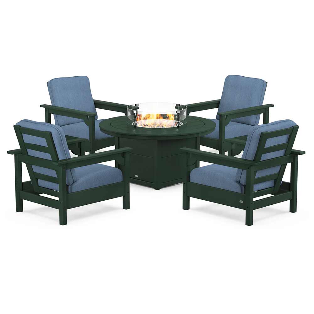 POLYWOOD® Fire Table Green / Sky Blue POLYWOOD® - Club 5-Piece Conversation Set with Fire Pit Table - PWS416