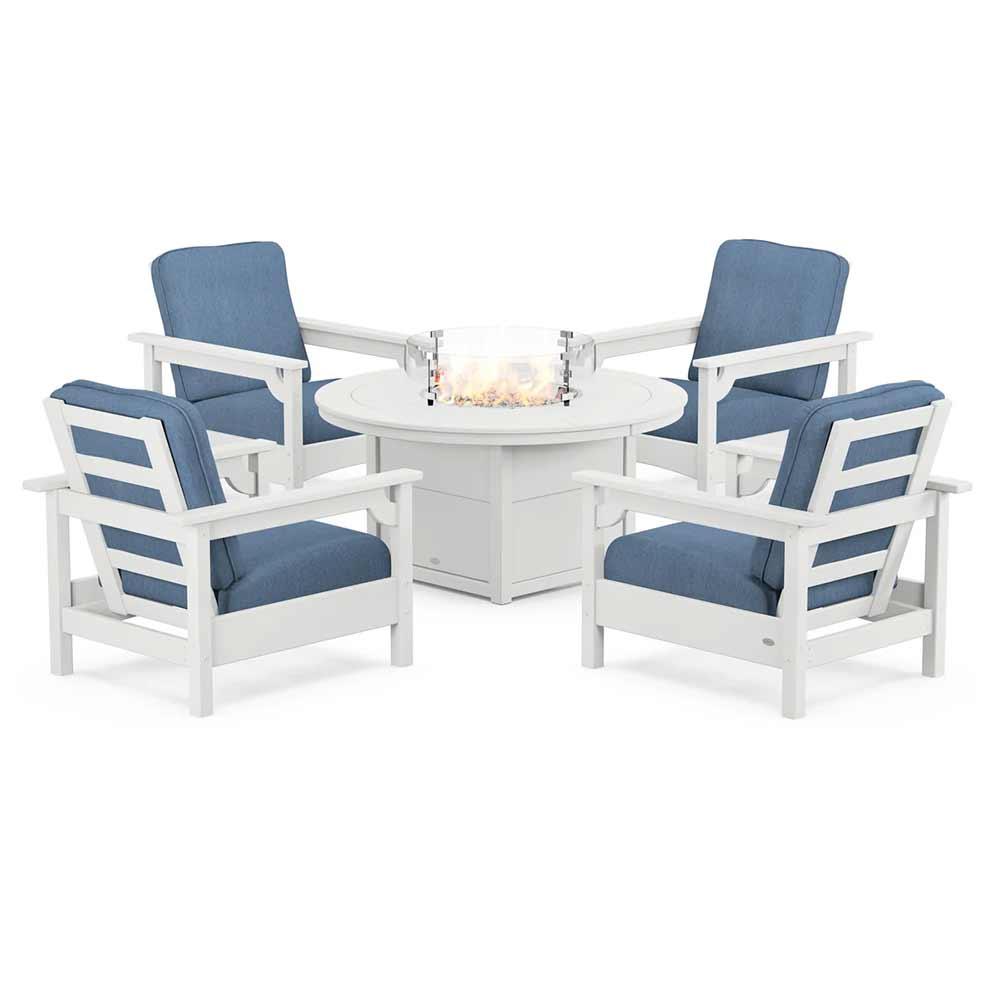 POLYWOOD® Fire Table White / Sky Blue POLYWOOD® - Club 5-Piece Conversation Set with Fire Pit Table - PWS416