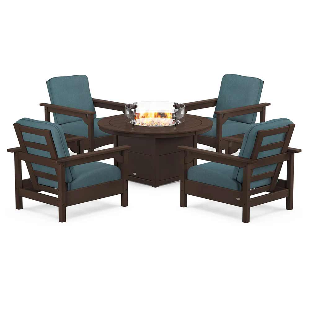 POLYWOOD® Fire Table Mahogany / Ocean Teal POLYWOOD® - Club 5-Piece Conversation Set with Fire Pit Table - PWS416