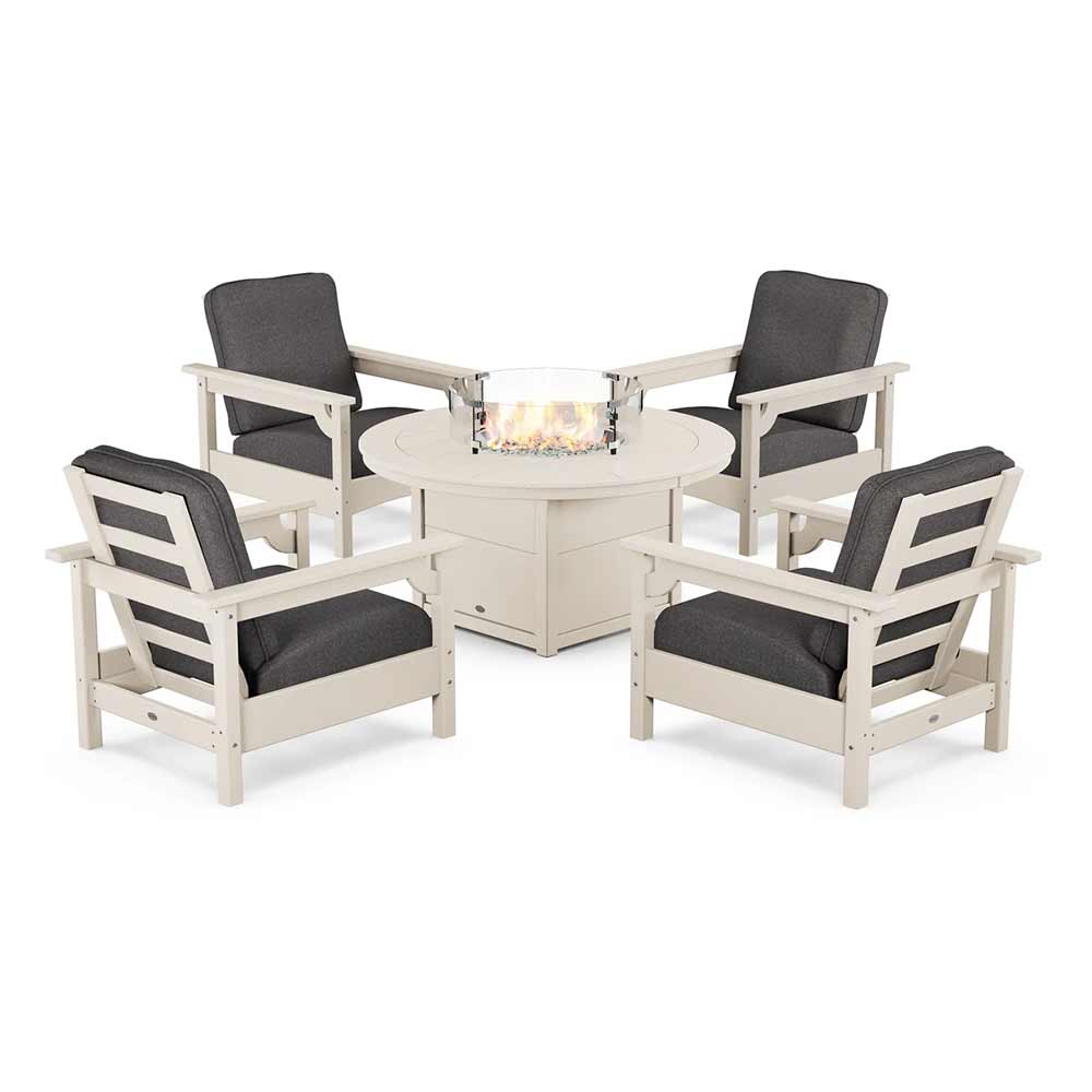 POLYWOOD® Fire Table Sand / Ash Charcoal POLYWOOD® - Club 5-Piece Conversation Set with Fire Pit Table - PWS416