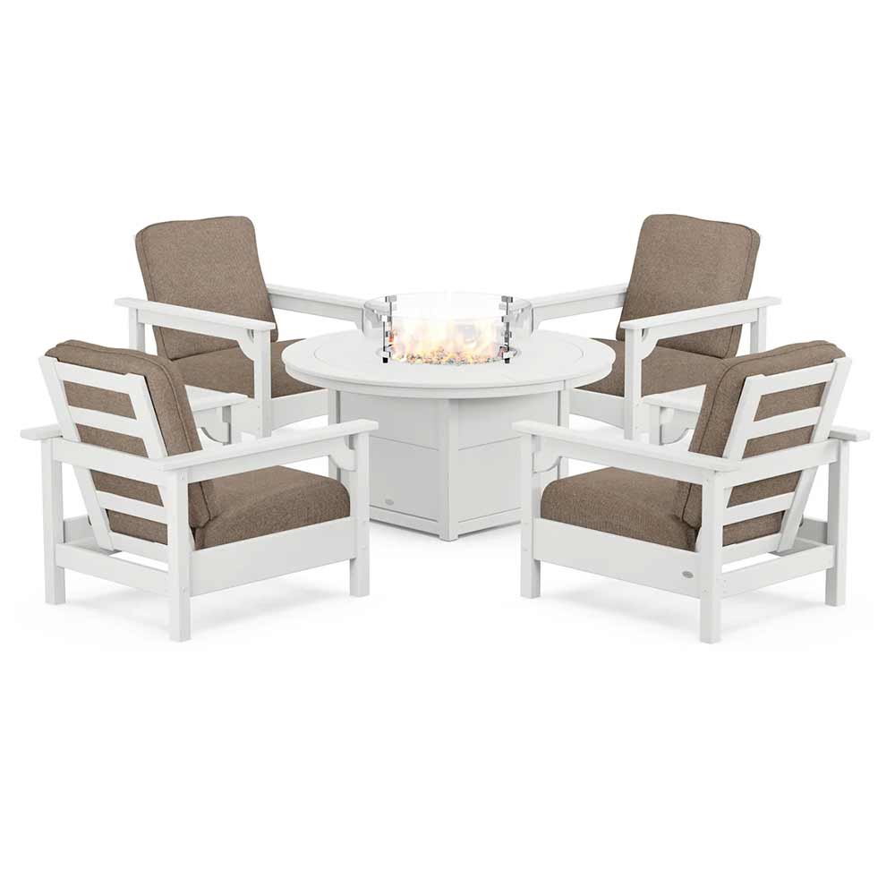 POLYWOOD® Fire Table White / Spiced Burlap POLYWOOD® - Club 5-Piece Conversation Set with Fire Pit Table - PWS416