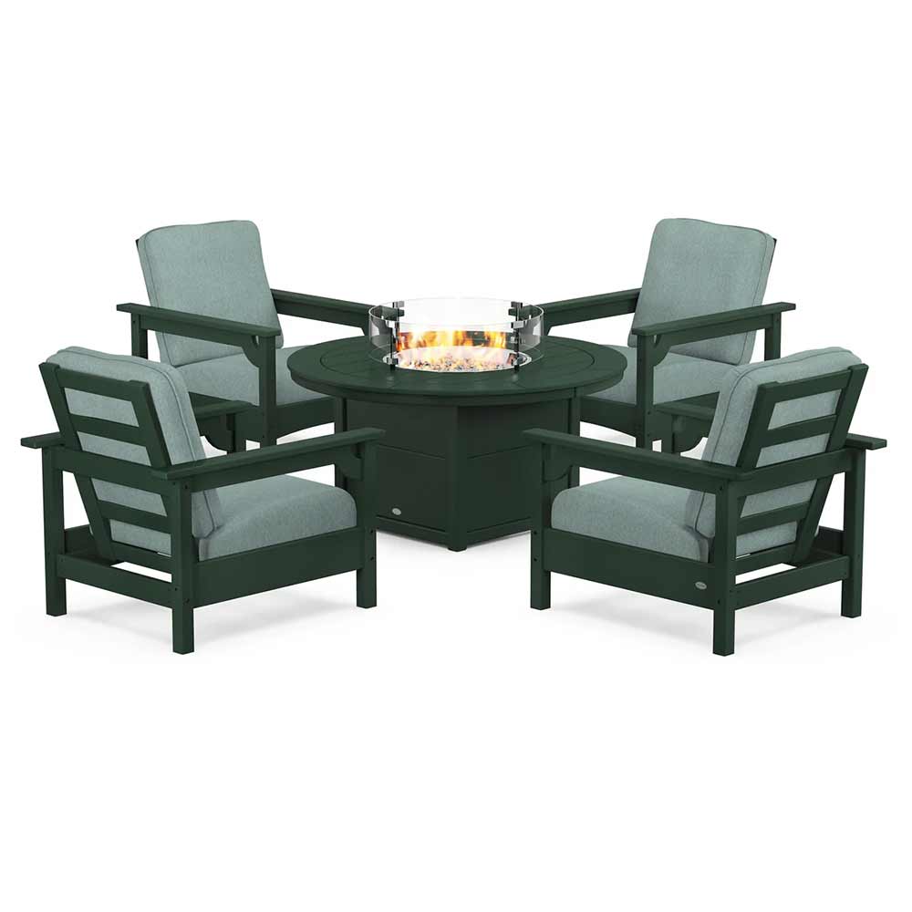 POLYWOOD® Fire Table Green / Glacier Spa POLYWOOD® - Club 5-Piece Conversation Set with Fire Pit Table - PWS416