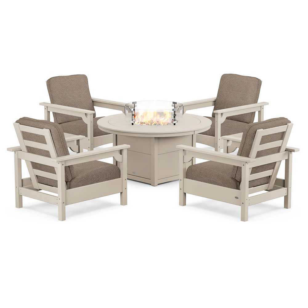 POLYWOOD® Fire Table Sand / Spiced Burlap POLYWOOD® - Club 5-Piece Conversation Set with Fire Pit Table - PWS416