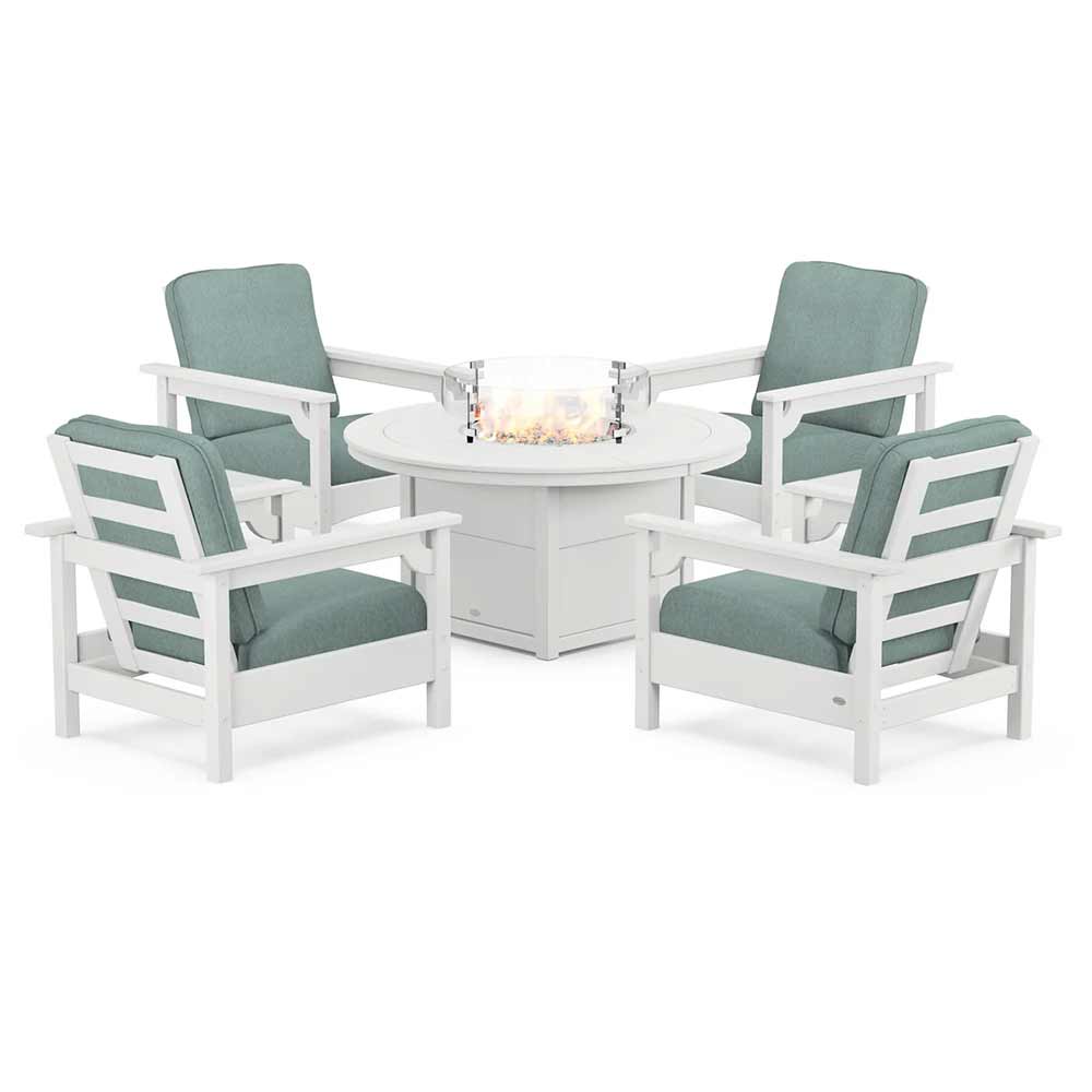 POLYWOOD® Fire Table White / Glacier Spa POLYWOOD® - Club 5-Piece Conversation Set with Fire Pit Table - PWS416