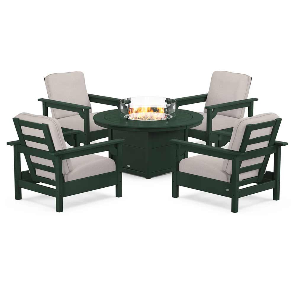 POLYWOOD® Fire Table Green / Dune Burlap POLYWOOD® - Club 5-Piece Conversation Set with Fire Pit Table - PWS416
