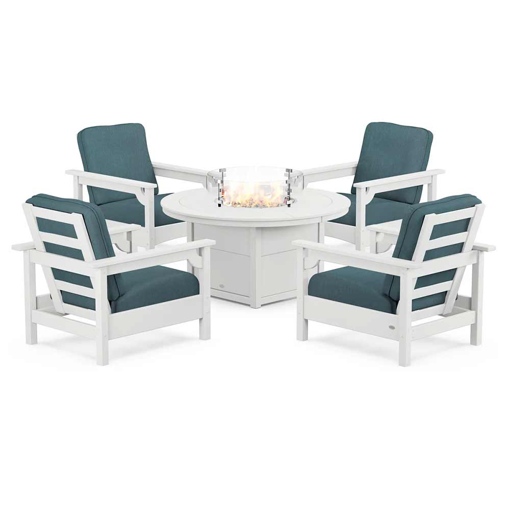POLYWOOD® Fire Table White / Ocean Teal POLYWOOD® - Club 5-Piece Conversation Set with Fire Pit Table - PWS416