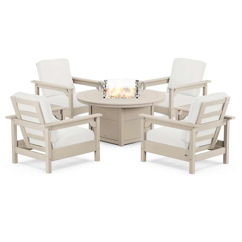 POLYWOOD® Fire Table Sand / Natural Linen POLYWOOD® - Club 5-Piece Conversation Set with Fire Pit Table - PWS416